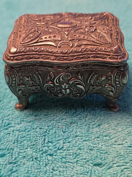 Other - Vintage Art Nouveau Metal Casket Trinket Box Footed Jewelry Ring Case Red Lining